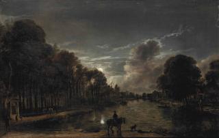 Aert van der Neer - A moonlit wooded landscape with a horseman and other figures by a canal, a town beyond