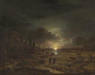 Aert Van Der Neer - A Nocturnal River Landscape With Figures