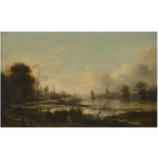 Aert van der Neer - A River Estuary At Dusk With Figures Returning Home Along A Track, A Town Beyond