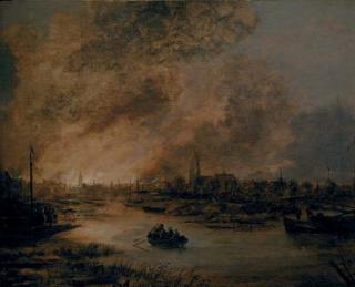 Aert Van Der Neer - A river landscape at night with a rowing boat, a burning city beyond
