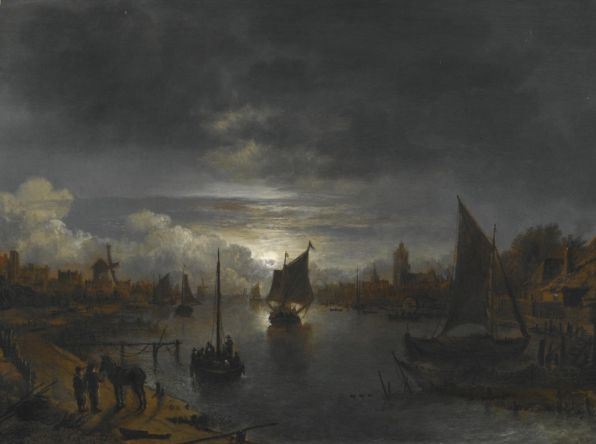Aert Van Der Neer - A River Landscape By Moonlight With Boats And Settlements On Both Banks