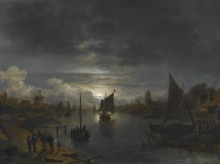 Aert Van Der Neer - A River Landscape By Moonlight With Boats And Settlements On Both Banks