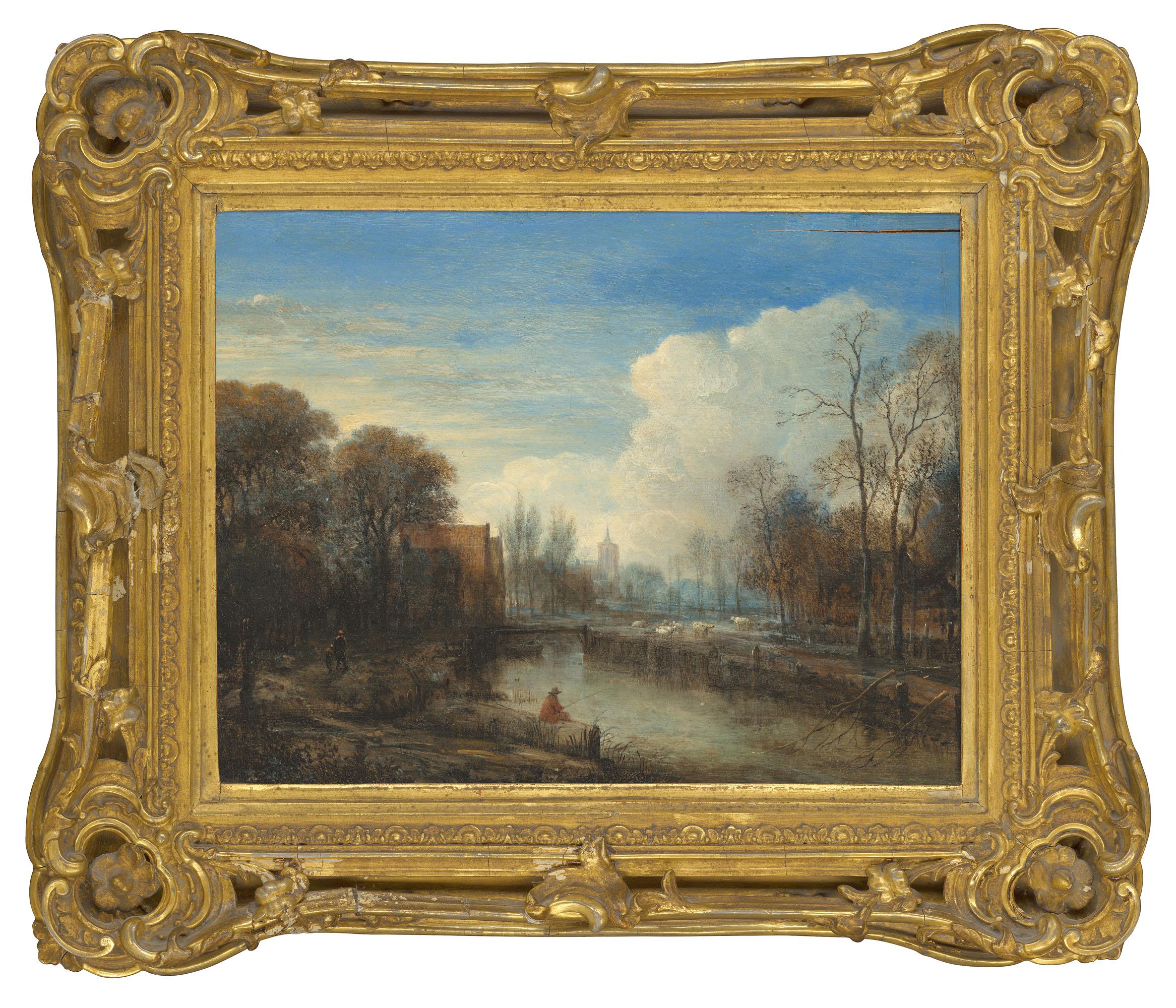 Aert Van Der Neer - A river landscape, with an angler and sheep on the banks