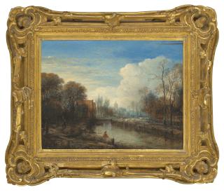 Aert Van Der Neer - A river landscape, with an angler and sheep on the banks