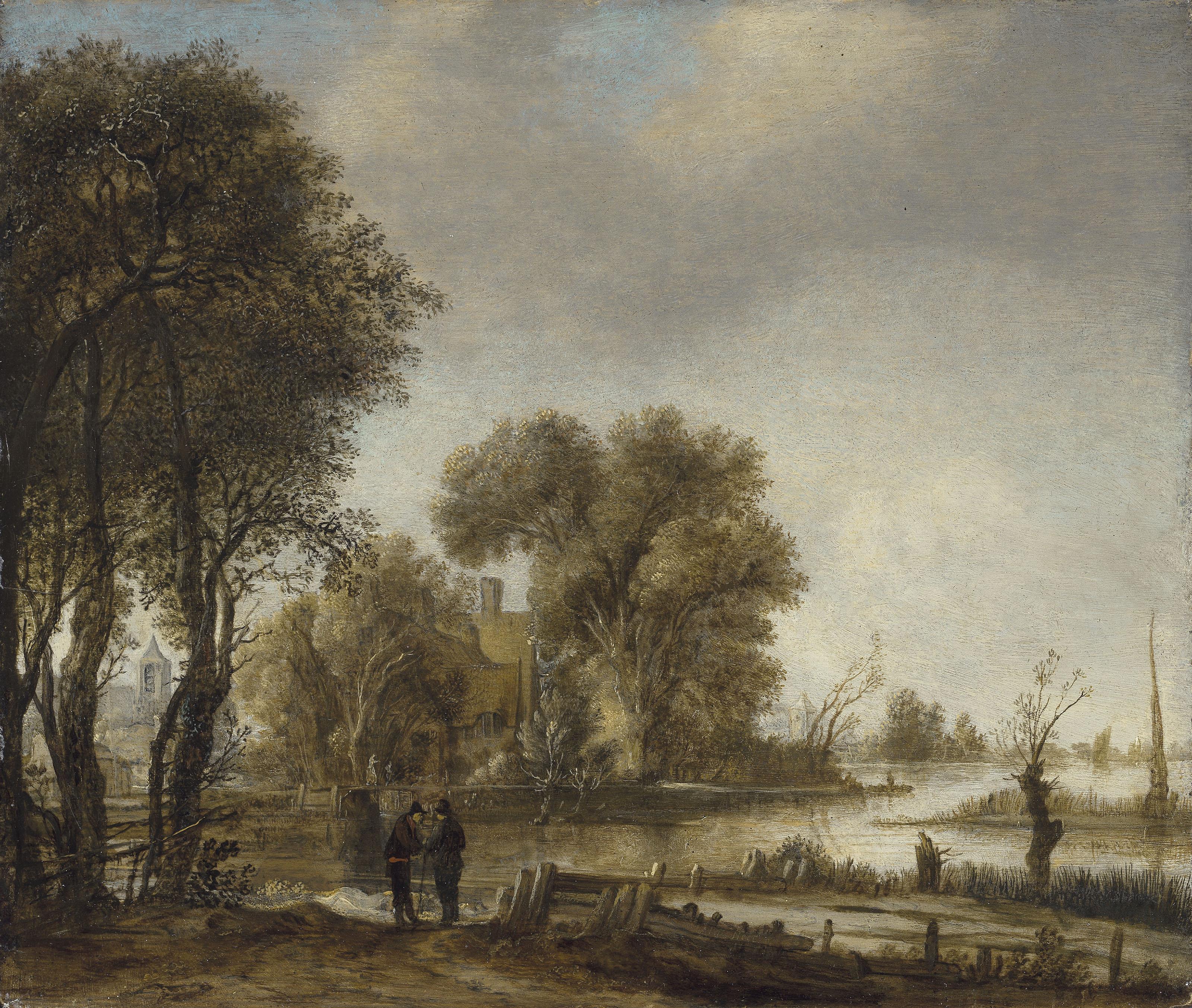 Aert Van Der Neer - A river landscape with figures and a cottage among trees on the bank of a stream