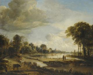Aert Van Der Neer - A River Landscape With Figures And Cattle