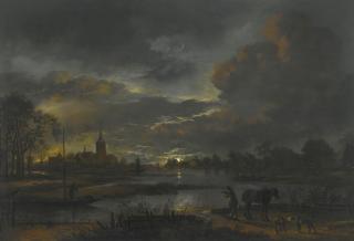 Aert Van Der Neer - A Wide Moonlit River Landscape With Figures Fishing, A Village Beyond