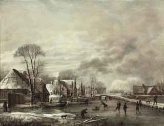 Aert van der Neer - A winter landscape with skaters by a village