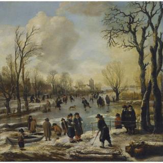 Aert Van Der Neer - A Winter Landscape With Villagers Skating And Playing Kolf On A Frozen Canal, A Village Beyond
