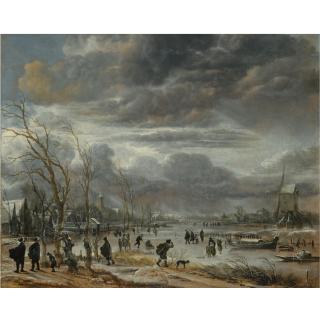 Aert van der Neer - A Winter Lanscape With Figures Battling Across A Frozen River In A Snowstorm, A Post Mill To The Right