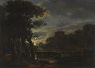 Aert van der Neer - A Wooded River Landscape By Moonlight, With Figures On A Boat, A Village Beyond