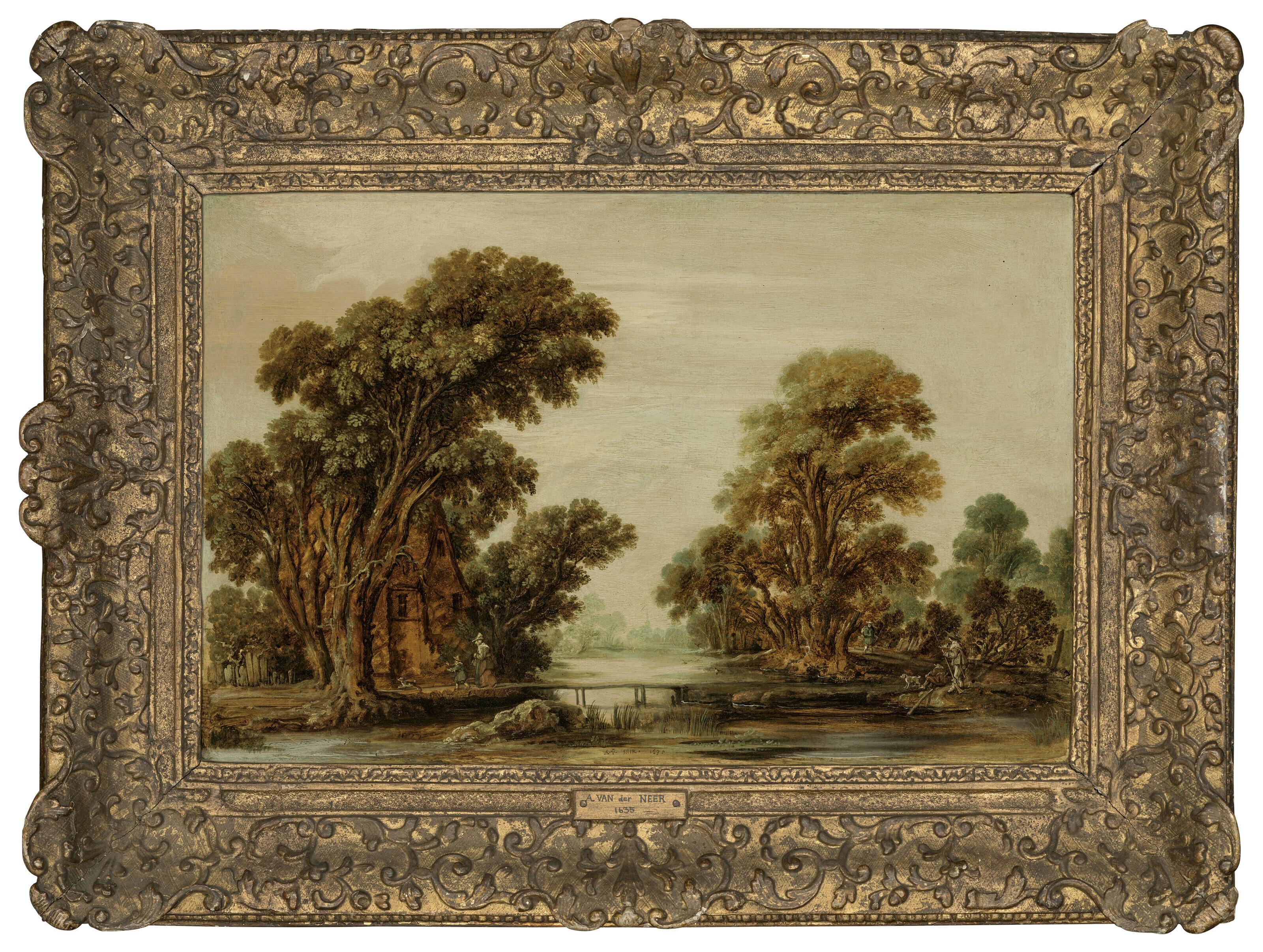 Aert Van Der Neer - A wooded river landscape, with figures and a cottage near a footbridge
