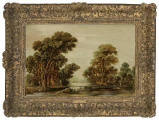 Aert Van Der Neer - A wooded river landscape, with figures and a cottage near a footbridge
