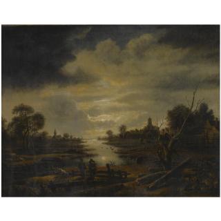 Aert van der Neer - An Extensive Moonlit River Landscape, With Two Figures Conversing In The Foreground, Accompanied By A Dog, A View Of A Two Churches And Windmills Beyond