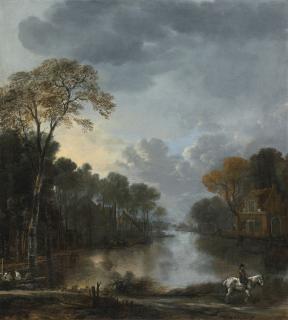 Aert Van Der Neer - Landscape At Twighlight With A Horseman Pulling A Boat Along A Canal
