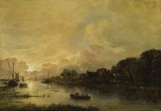 Aert Van Der Neer - River Landscape At Sunset With A Cottage And Trees