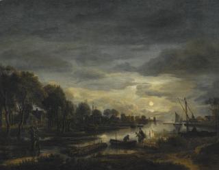 Aert Van Der Neer - River Landscape By Moonlight, A Village On The Left Bank Between Trees