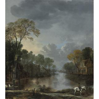 Aert Van Der Neer - Scene At Dusk With A Horseman Pulling A Boat Along A Canal