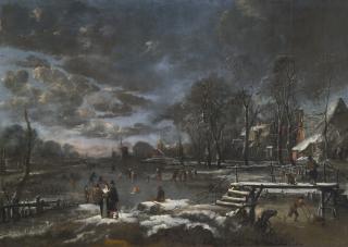 Aert Van Der Neer - Skaters And Kolf Players On A  Frozen River Bordering A Village