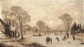 Aert van der Neer - Skaters on a frozen canal by a village