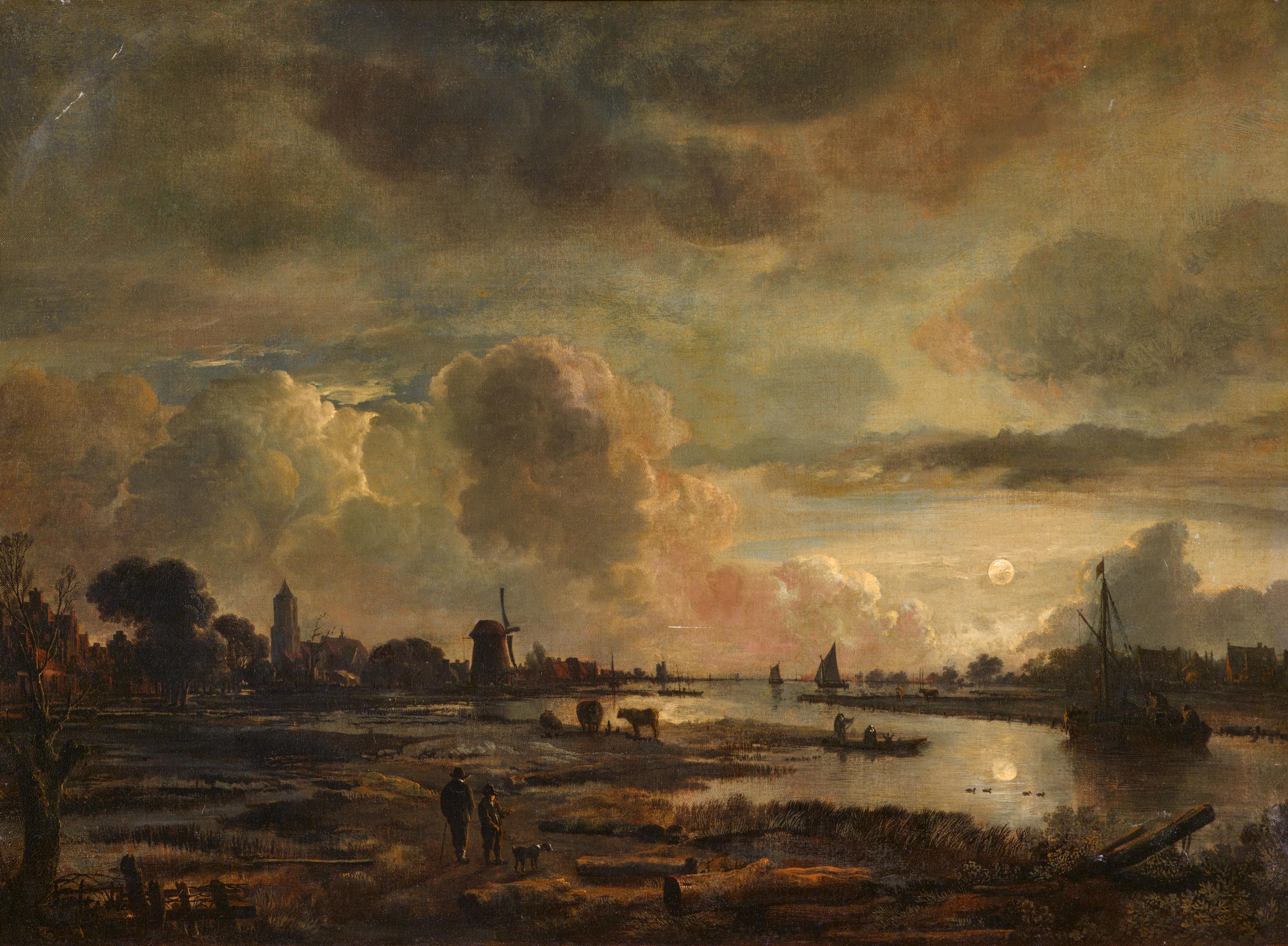 Aert van der Neer - Weite Flusslandschaft bei Mondschein