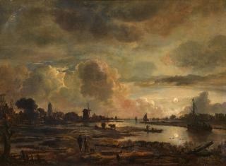 Aert van der Neer - Weite Flusslandschaft bei Mondschein