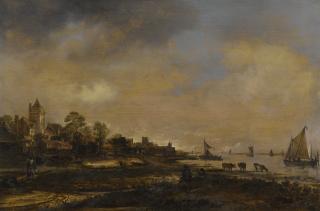 Aert Van Der Neer - Wide River Landscape With A Castle And A Village, At Sunset