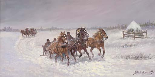 Afanasii Ivanovich Scheloumov - Troikas running in a winter landscape