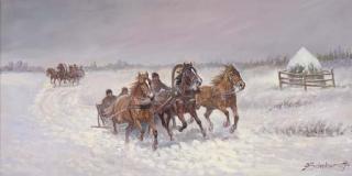 Afanasii Ivanovich Scheloumov - Troikas running in a winter landscape
