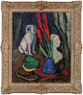 Agnes Cleve - Still life with gladiolus and white dog in porcelain