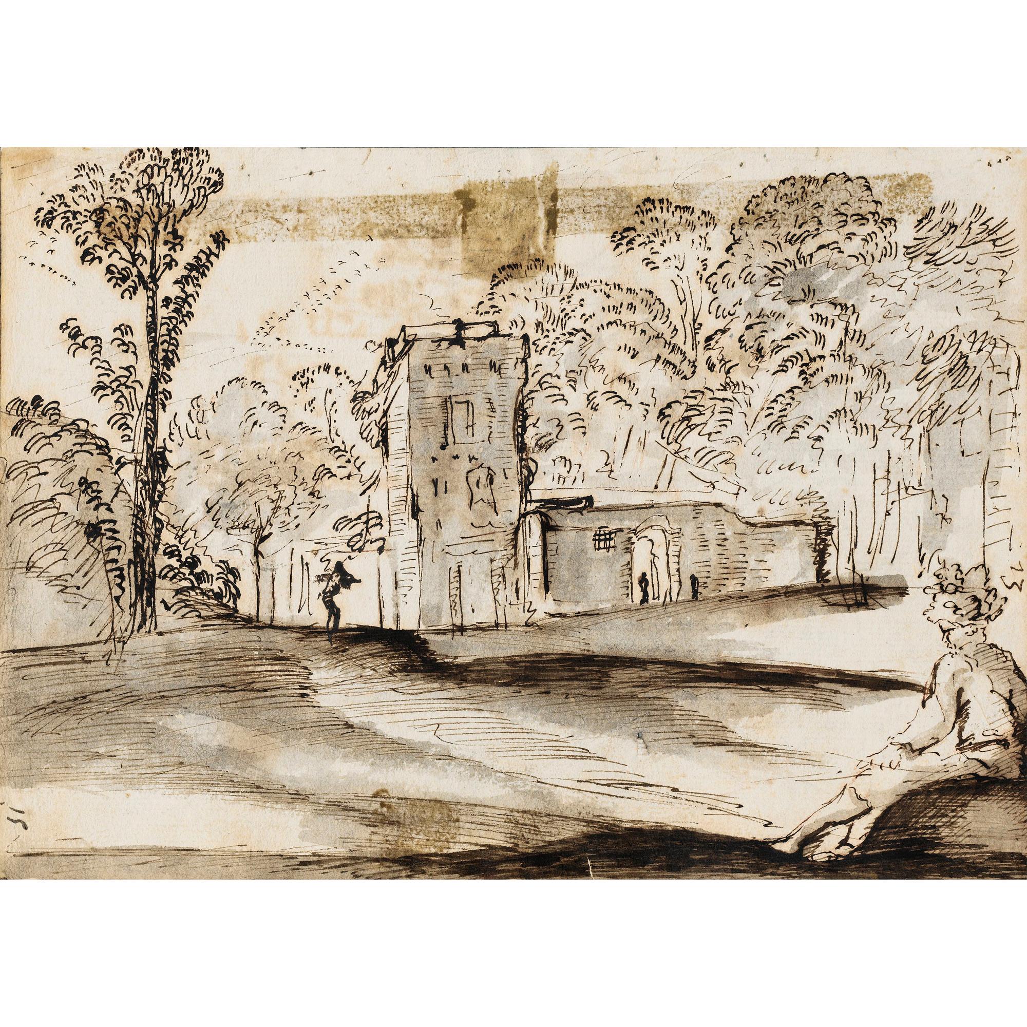 Agostino Buonamico - Recto: Vue D\'Un Château En Ruine, Avec Une Figure Assise Au Premier Plan; Verso: Esquisse Architecturale Avec Trois Figures