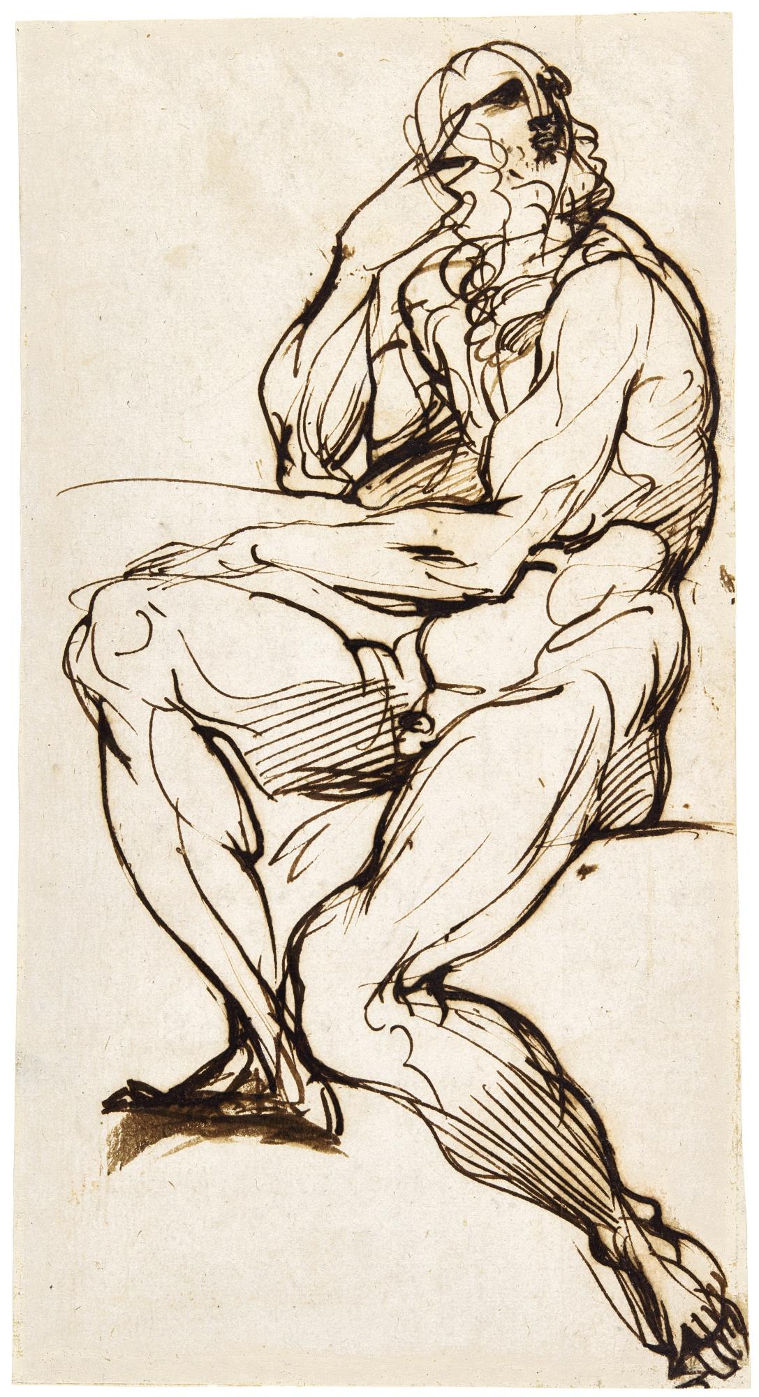 Agostino Carracci - A Seated Bearded Male Nude Supporting His Head With His Right Hand