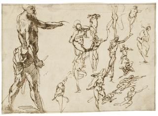 Agostino Carracci - A standing man in profile holding a spear, with smaller, rapidly studied nude figures to the right