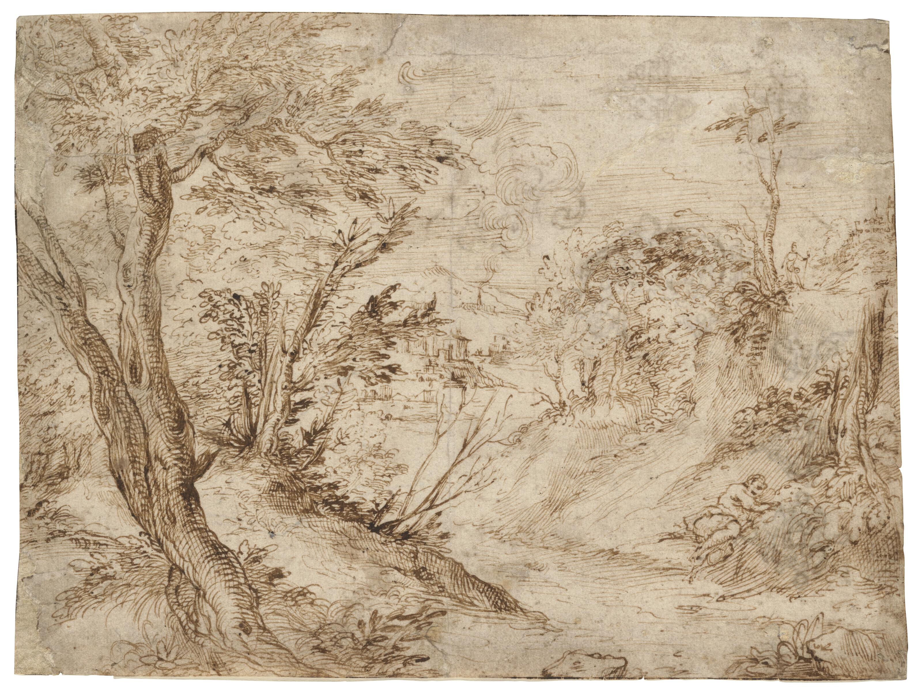 Agostino Carracci - A wooded landscape with a figure resting beside a road and a river in the background (recto); Nine studies of pendants, and a sketch of a spider (verso)
