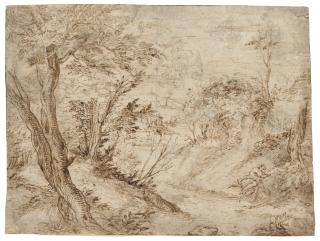Agostino Carracci - A wooded landscape with a figure resting beside a road and a river in the background (recto); Nine studies of pendants, and a sketch of a spider (verso)