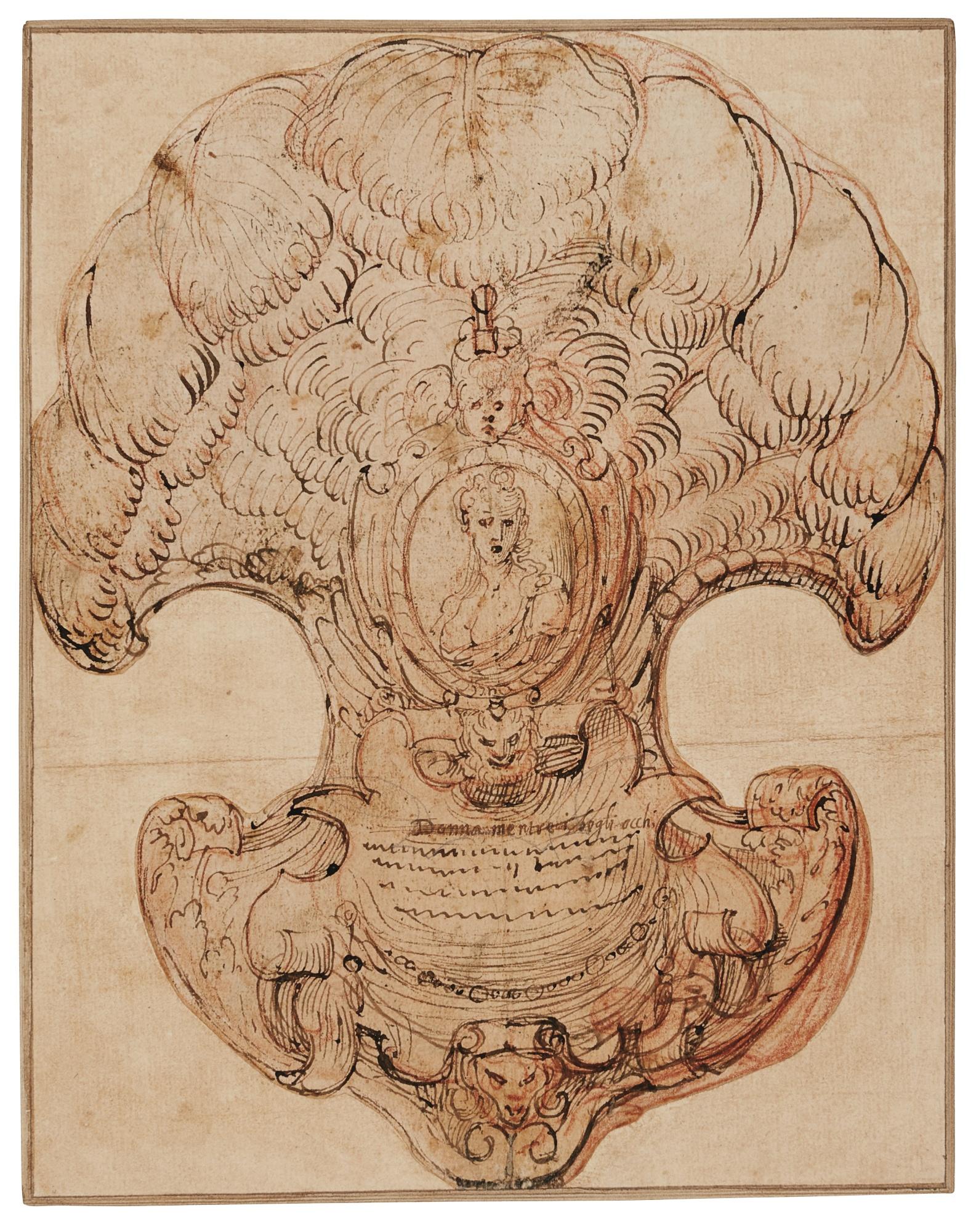 Agostino Carracci - Design For A Fan With Ostrich Feathers And A Medallion With A Portrait Of A Woman 