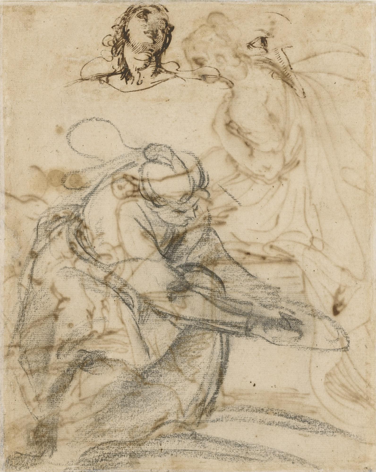 Agostino Carracci - Recto: Seated Female Figure Holding An Apple, With Two Children And A Dog; Verso: Studies Of A Crouching Woman Leaning Forward, And Of A Male Head And Face