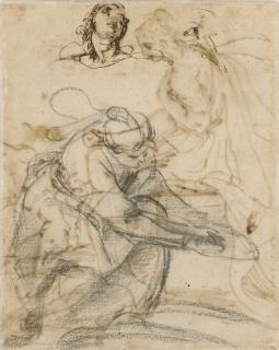 Agostino Carracci - Recto: Seated Female Figure Holding An Apple, With Two Children And A Dog; Verso: Studies Of A Crouching Woman Leaning Forward, And Of A Male Head And Face