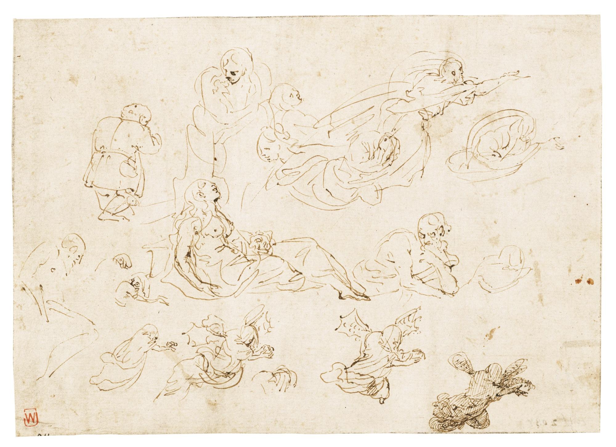 Agostino Carracci - Sheet Of Various Sketches Including Studies For Mary Magdalene And St. Jerome, Ghoulish Figures And A Caricature Of A Man Seen From Behind