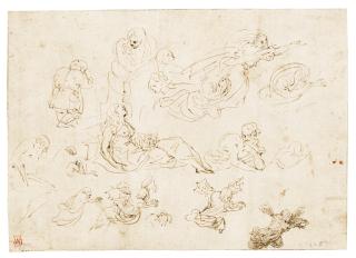 Agostino Carracci - Sheet Of Various Sketches Including Studies For Mary Magdalene And St. Jerome, Ghoulish Figures And A Caricature Of A Man Seen From Behind