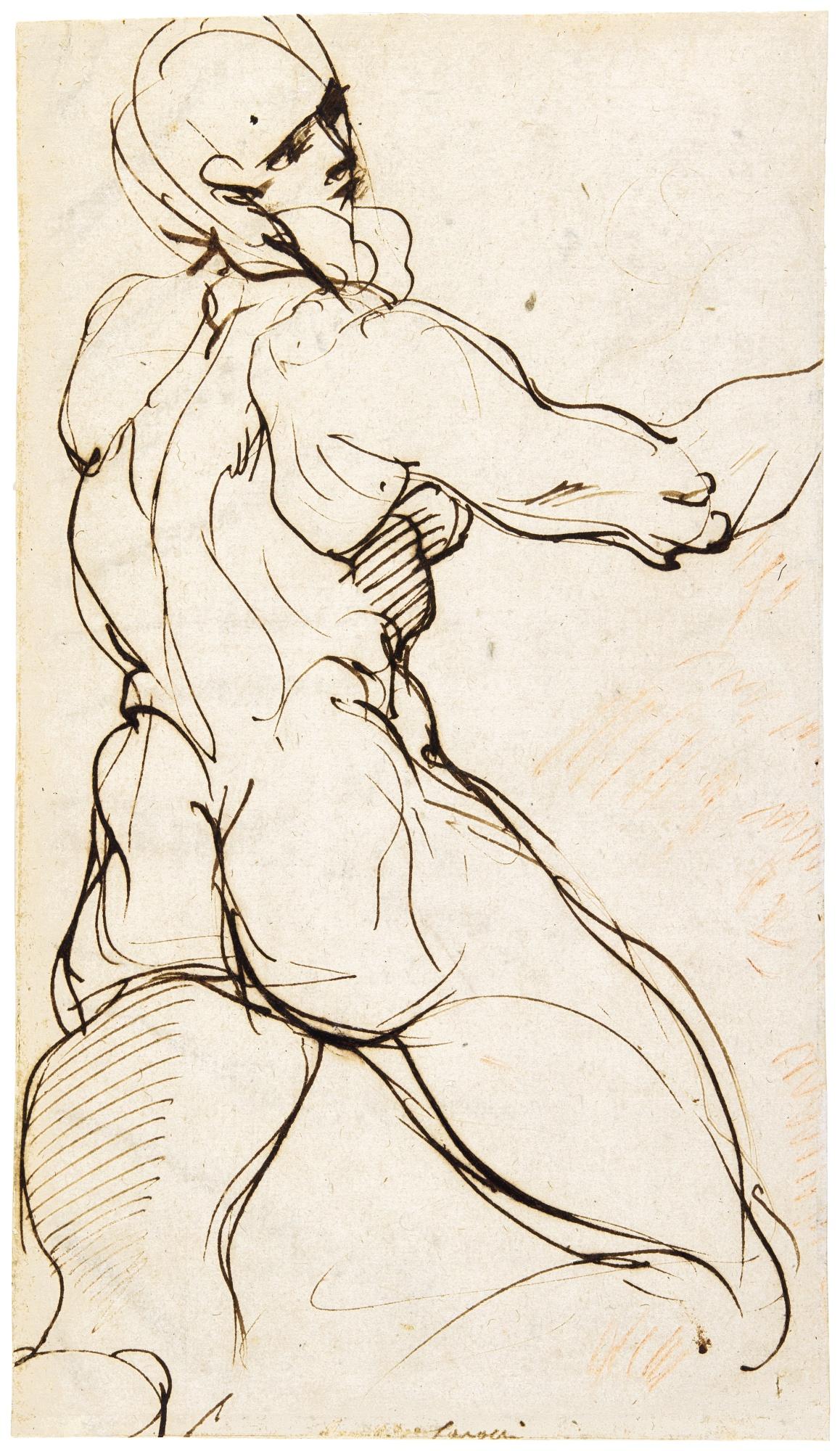 Agostino Carracci - Study Of A Standing Bearded Male Nude Seen From Behind, His Right Arm Extended