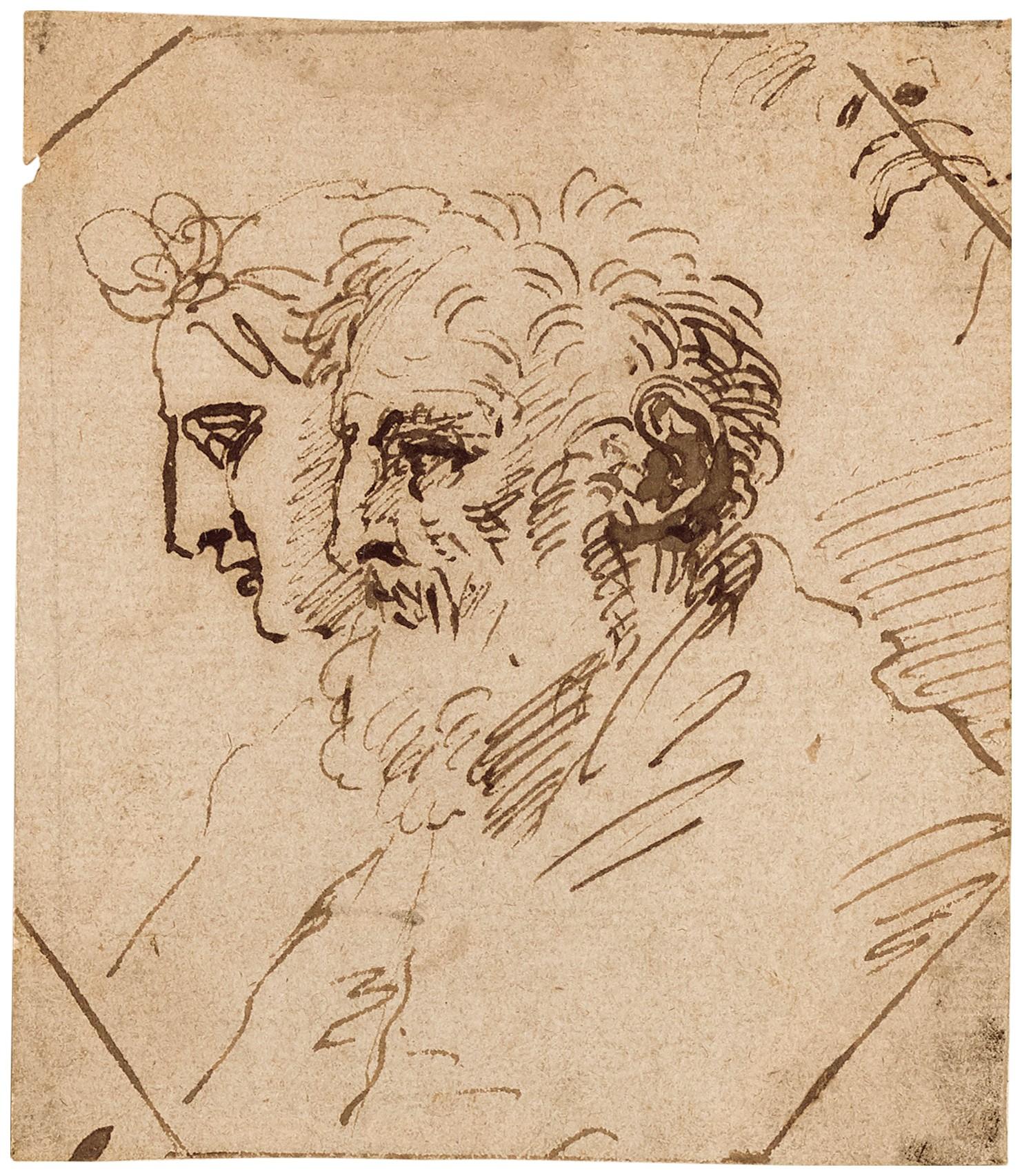 Agostino Carracci - Study of two heads, seen in profile: a head of a man with a beard and head of a woman with a floral headpiece