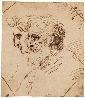 Agostino Carracci - Study of two heads, seen in profile: a head of a man with a beard and head of a woman with a floral headpiece