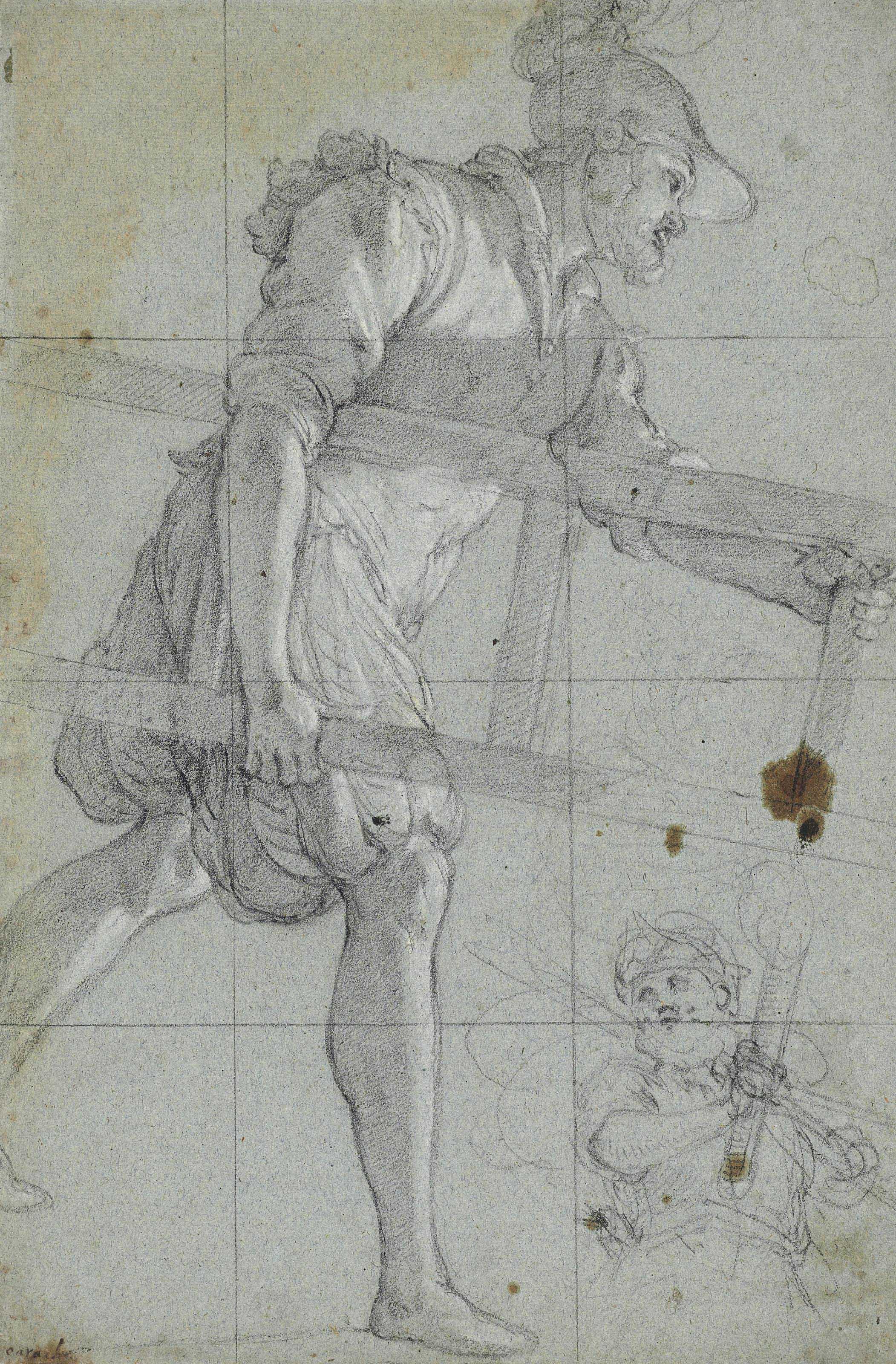 Agostino Ciampelli - A soldier carrying a ladder, and a subsidiary study of a man holding a torch ( recto ); Faint fragmentary study ( verso )