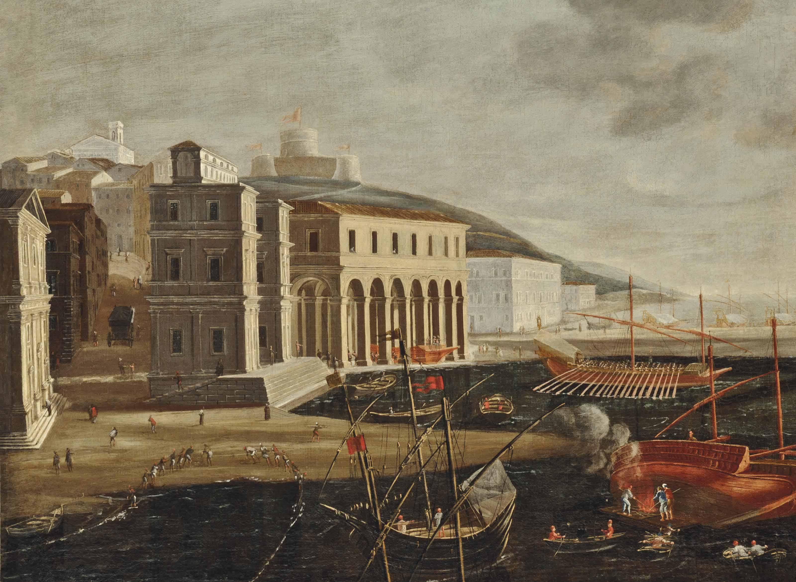 Agostino Tassi - A Mediterranean Harbour Scene With Fishermen Pulling In Their Nets