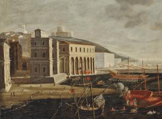 Agostino Tassi - A Mediterranean Harbour Scene With Fishermen Pulling In Their Nets