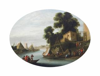 Agostino Tassi - A river landscape with a ferry crossing and boat builders at work on the bank
