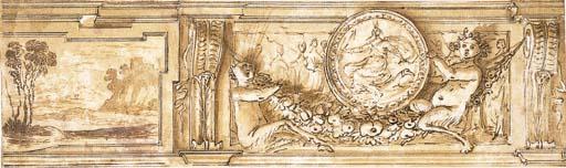 Agostino Tassi - A Study For A Frieze Decorated With A Landscape And Young Satyrs Holding A Garland And Supporting A Medallion Depicting Diana
