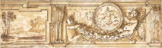 Agostino Tassi - A Study For A Frieze Decorated With A Landscape And Young Satyrs Holding A Garland And Supporting A Medallion Depicting Diana