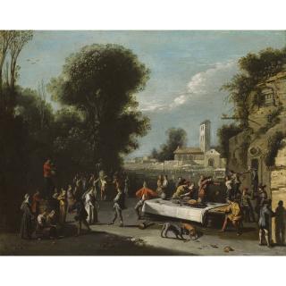 Agostino Tassi - Peasants Carousing And Feasting In A Landscape With Ruins, A Church Beyond